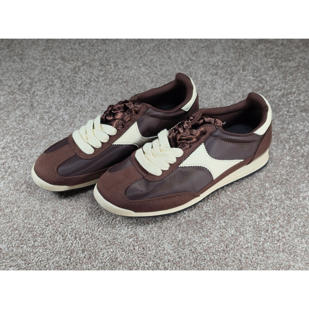 Brown Satin and Suede Lace‎ Up Sneakers Women Size 8 Cream Accents Low Top Shoes